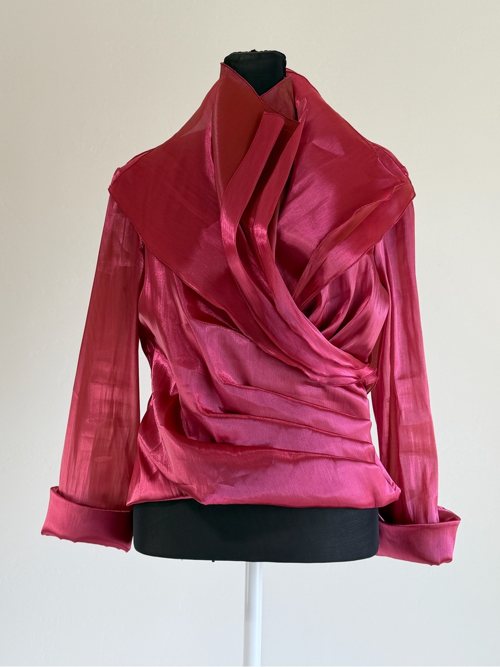 Vtg Cachét Metallic Fuchsia Draped Faux Wrap Top Sz 8 Iridescent Metallic Fairy